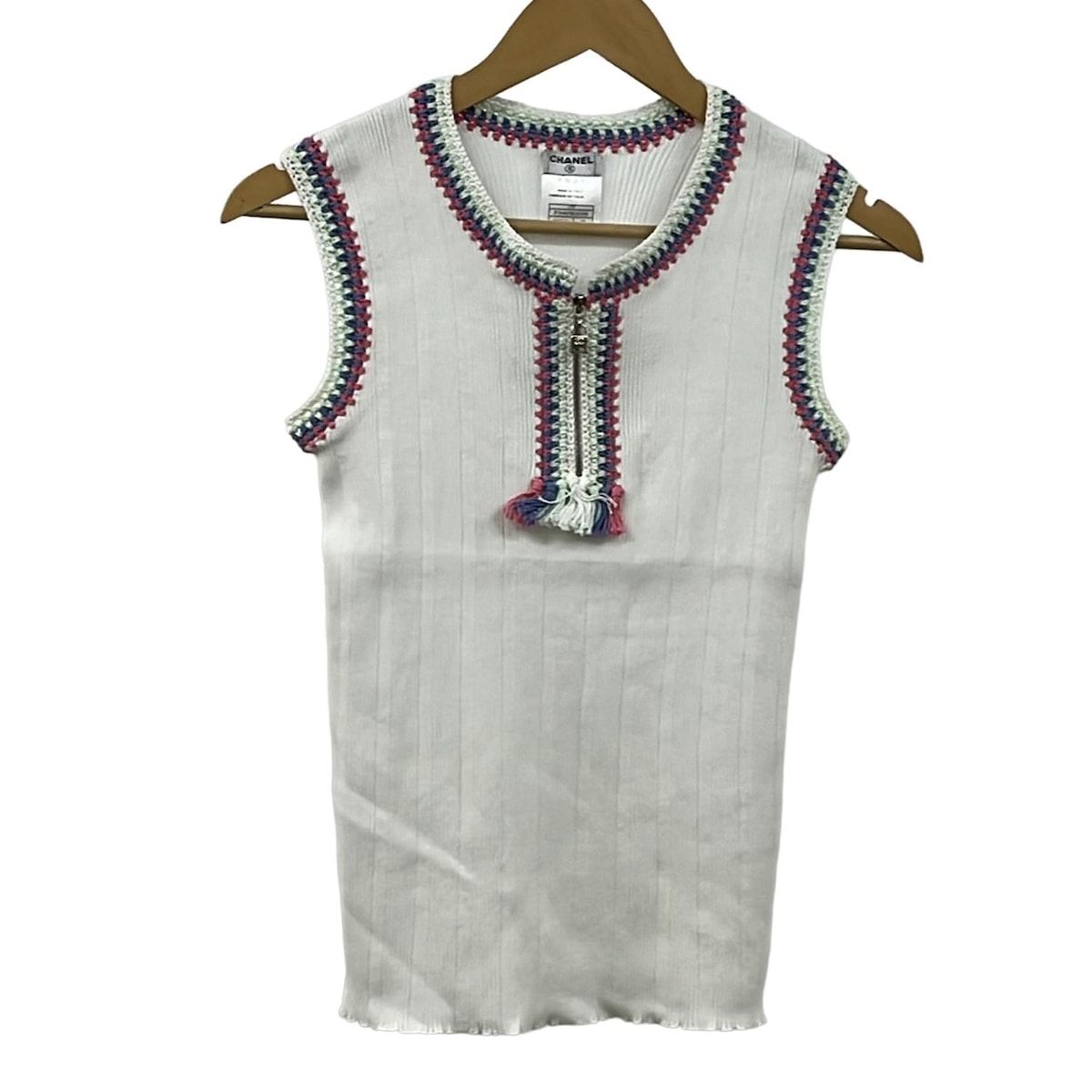 CHANEL シャネル ベスト サイズ38 M レディース - P 30405 白×ピンク×マルチ ニット|タッセル|ハーフジップ