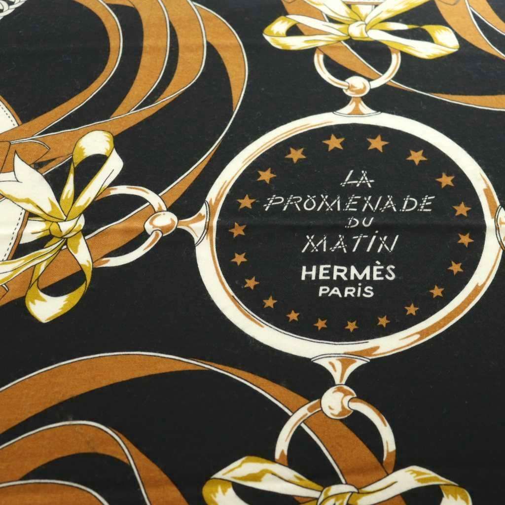 エルメス HERMES カレ140 朝の散歩 スカーフ カシミヤ シルク混 黒 ブラック 茶 ブラウン |AQ OS OH 敏感肌対応 バンダナ スカーフ 