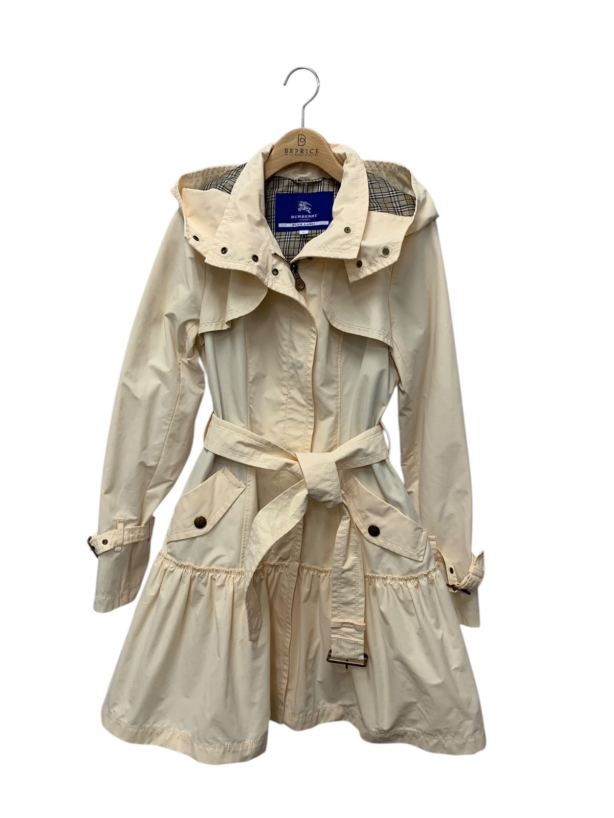 バーバリーブルーレーベル E 1 A 20-536-02 トレンチコート 38 アイボリー フリル ギャザー