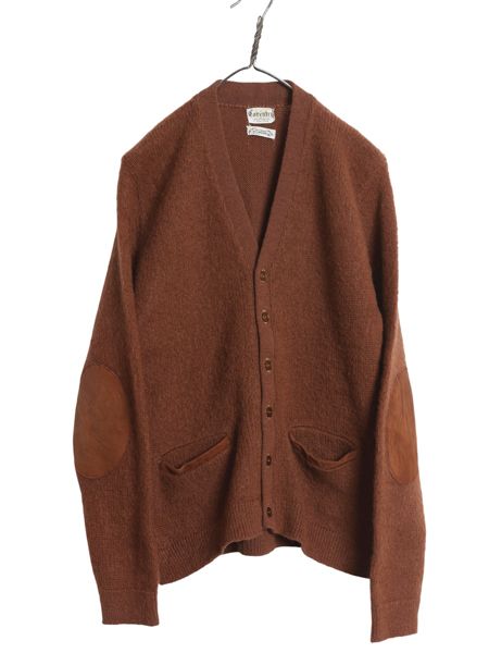 な ! 60 s モヘア ニット カーディガン メンズ M | 古着 ヴィンテージ ウール セーター 前開き 羽織り エルボーパッチ ポケット付き 茶