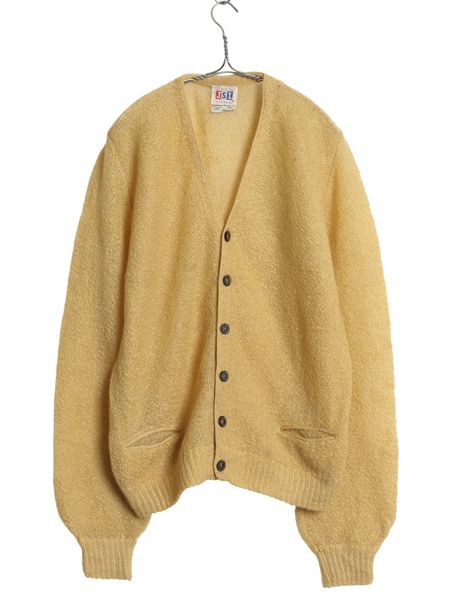な ! 60 s 70 モヘア ニット カーディガン メンズ M | 古着 ヴィンテージ ウール セーター ポケット付き 前開き 重ね着 羽織り イエロー 無地
