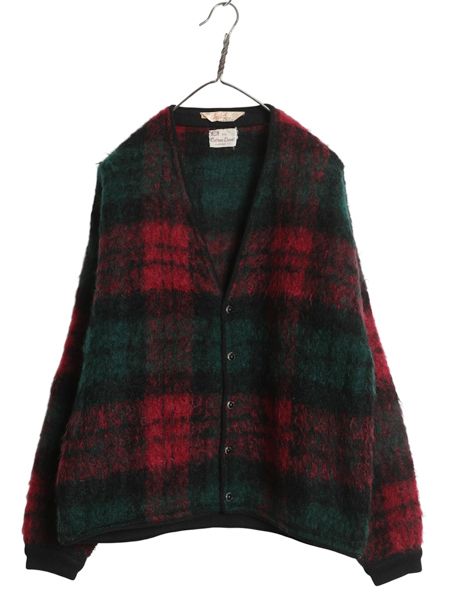 な ! 60 s 70 イギリス製 Byford モヘア ニット カーディガン メンズ M | ヴィンテージ ウール セーター 毛足 毛長 前開き タータン チェック