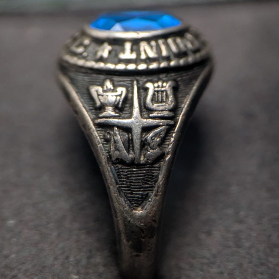  JOSTENS 1950 s カレッジリング FORTUNE POINT JCC シルバー14号 サファイアブルー ジャスティン社 リング 指輪 アクセサリー