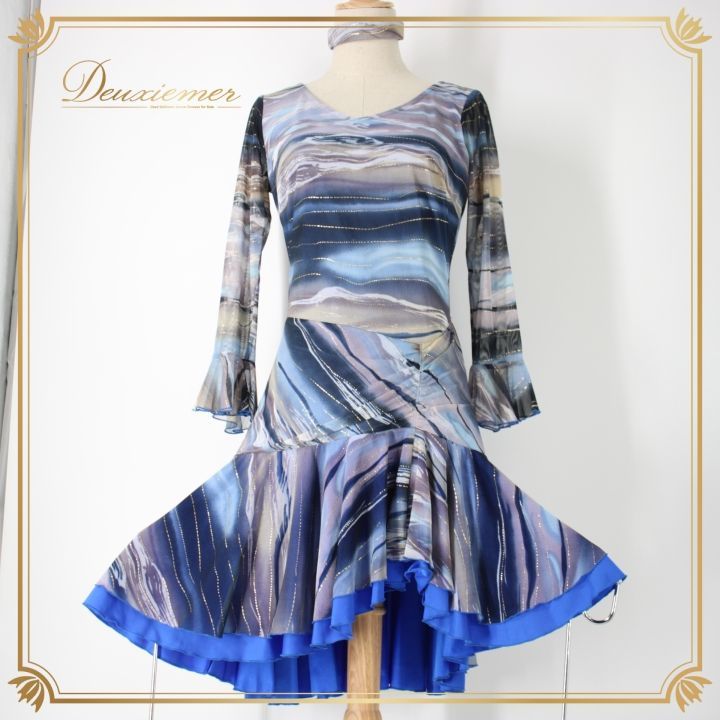 社交ダンス 衣装 スタンダード ラテン ワンピース パーティドレス U NA ユーナ ブルー系 グレイ系 水色 青 ホワイト系 白 ゴールド系 長袖 タ舞台衣装 柄ドレス 複数色 おしゃれ かわいい ステージ衣装 エレガント 女性用 ファッション ドレスアップ