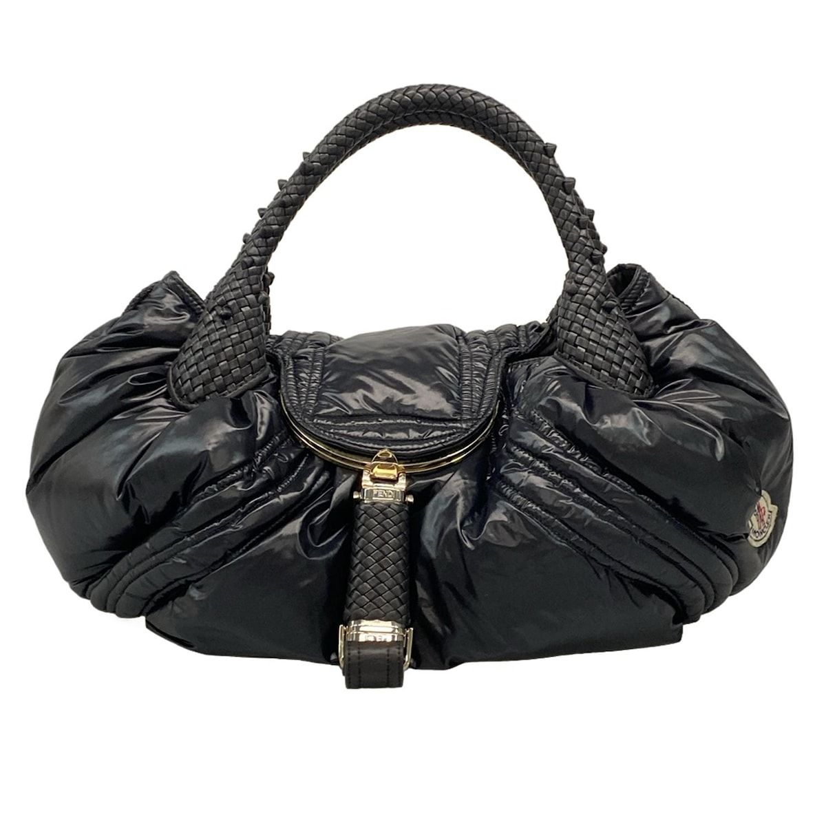 FENDI フェンディ ハンドバッグ スパイバッグ 8 BR 511 黒 ×モンクレール|編み込みハンドル ダウン レザー