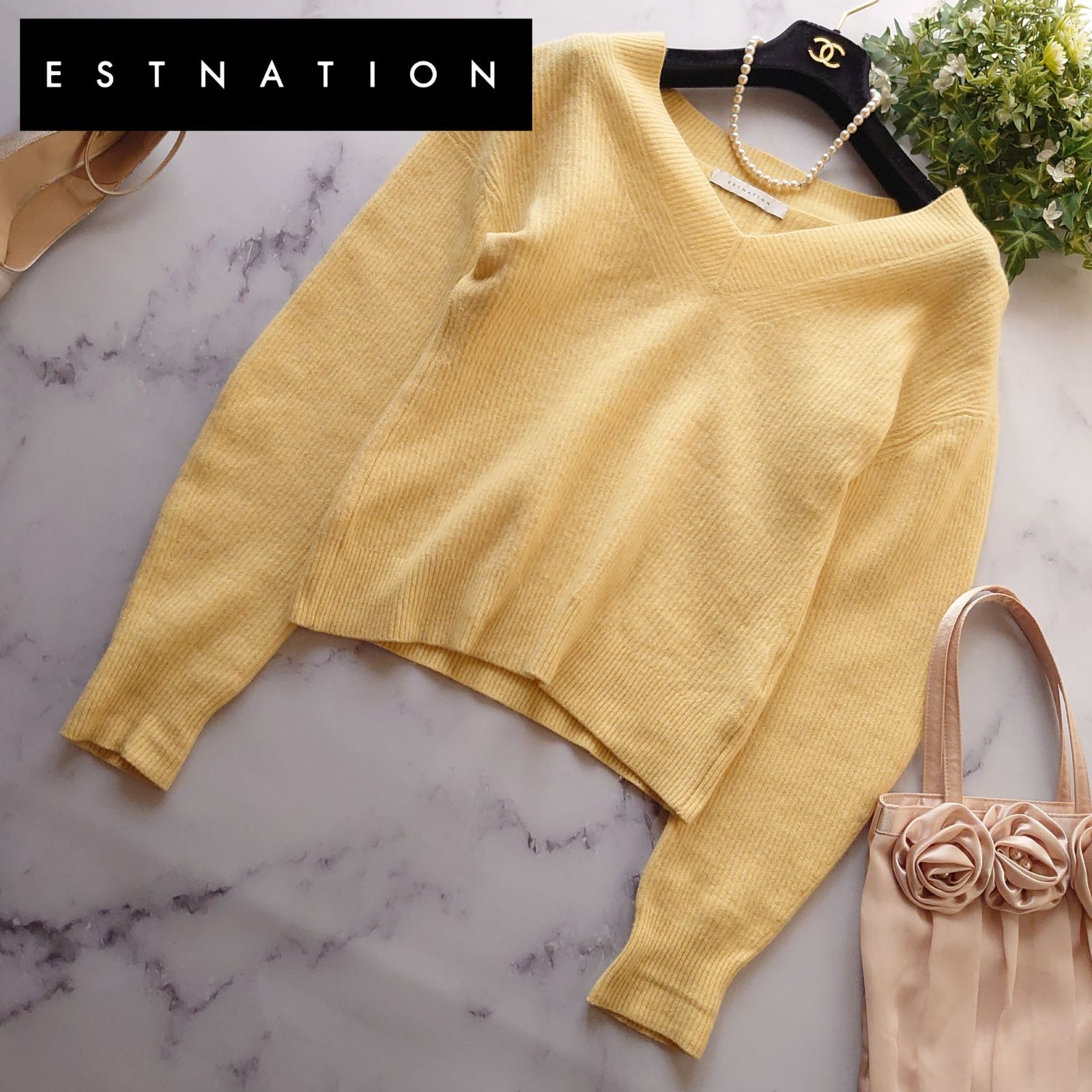 20 AW エストネーション カシミヤ 長袖セーター イエロー Vネック 38 M