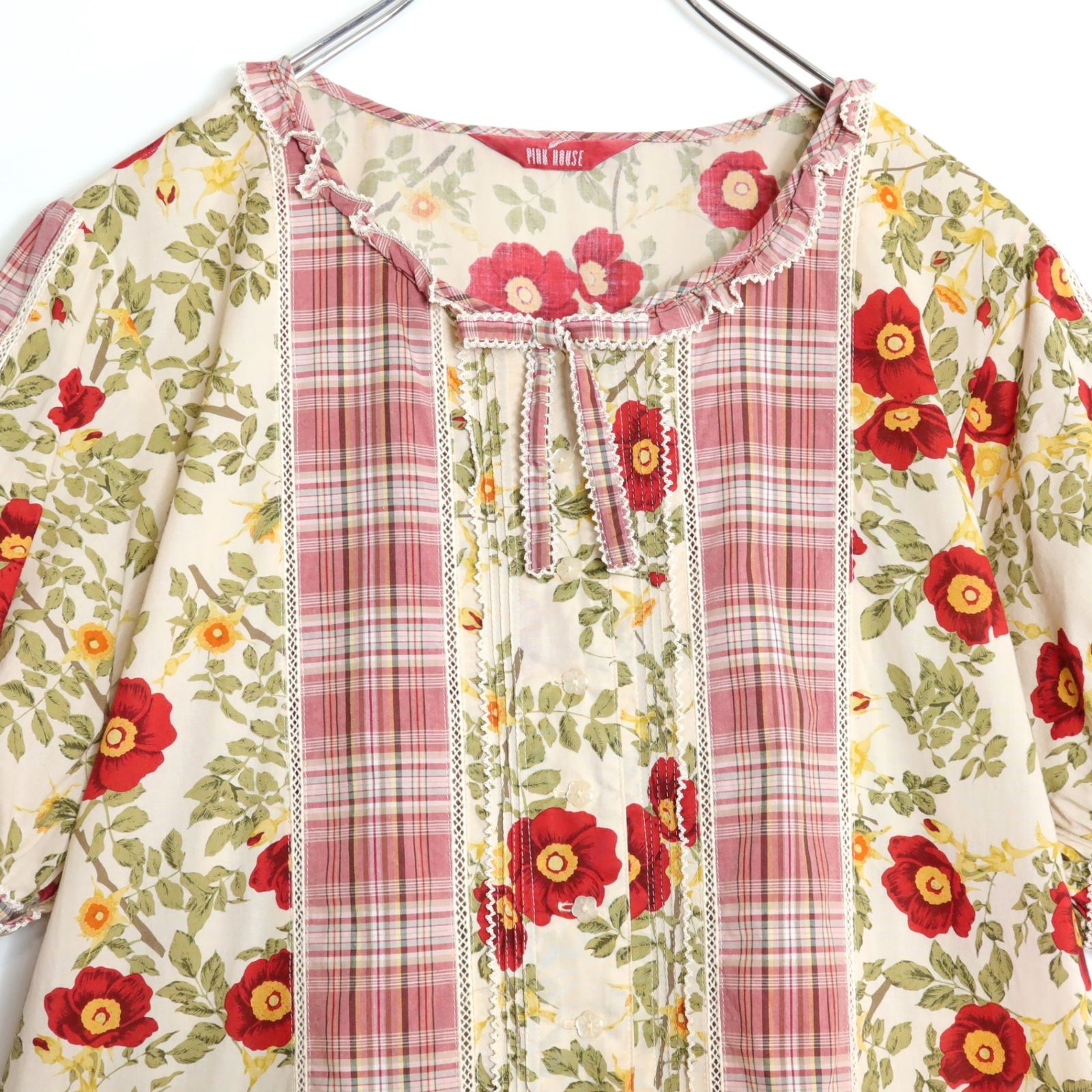 ピンクハウス☆パッチワーク♪ワンピース オリチェ×花柄♪ベージュ系