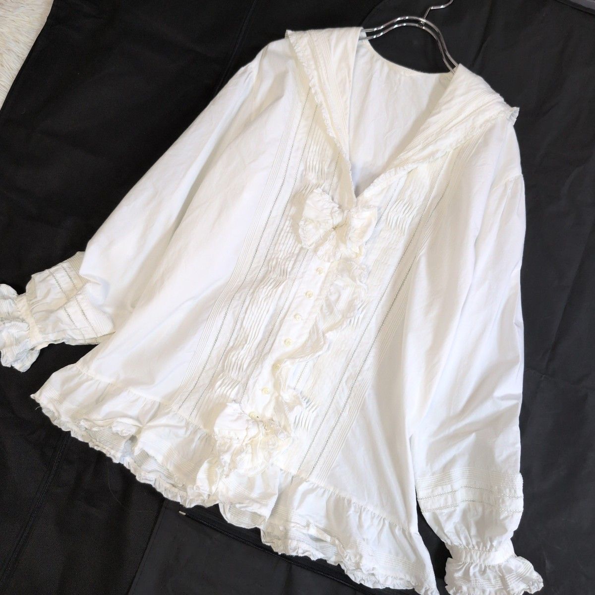 激 PINK HOUSE ピンクハウス ピコ加工ブラウス ピコフリル セーラーカラー ギャザー リボン ホワイト 白