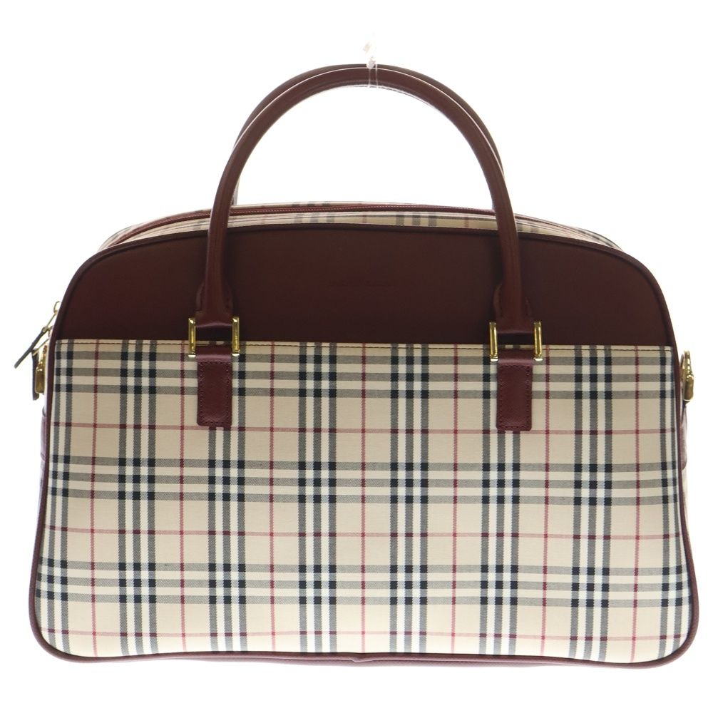 BURBERRY バーバリー ノバチェック キャンバス ボストンバッグ ベージュ|レッド