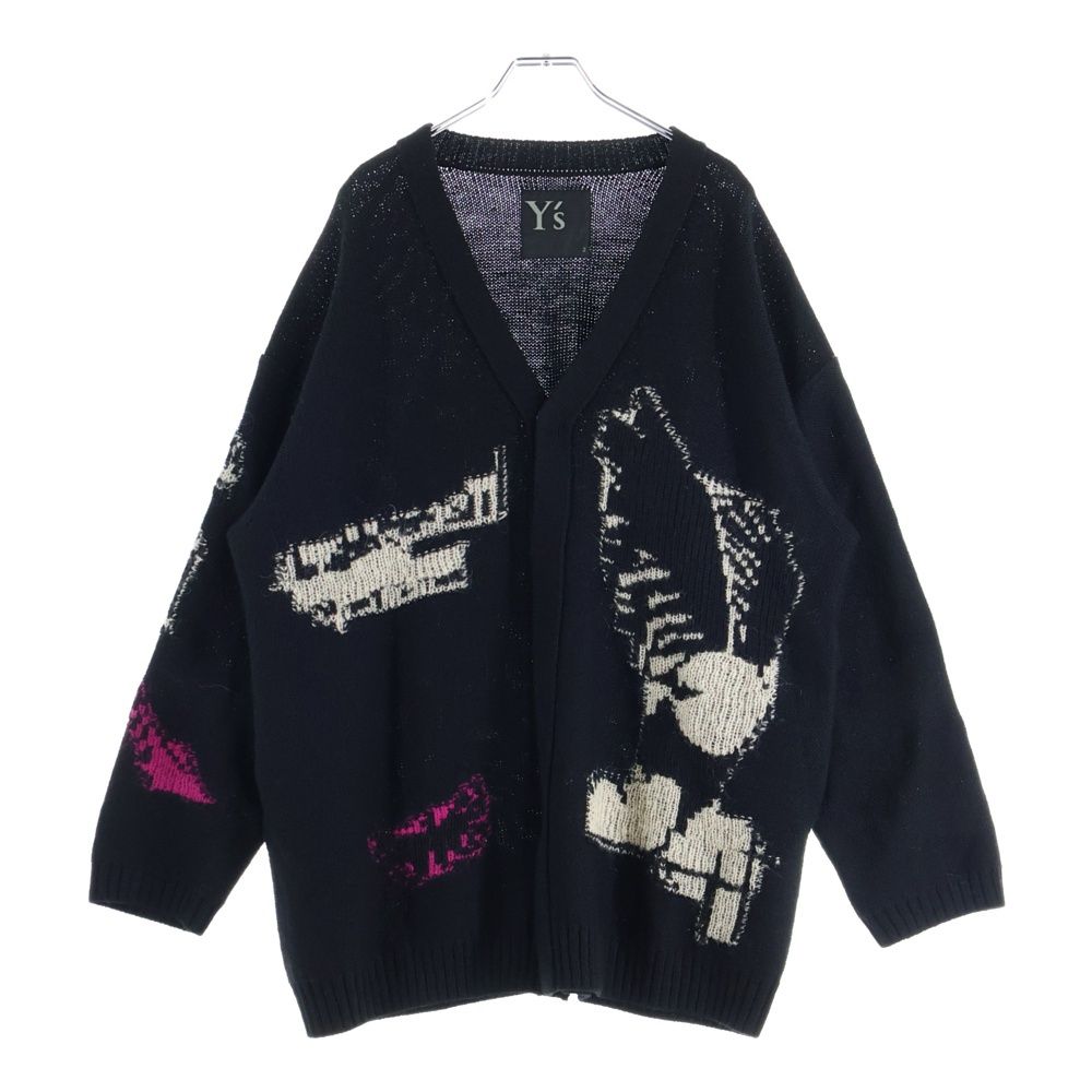 Y s ワイズ W JQ リバーシブル インターシャ ダブル ジャカード ウールニットカーディガン ブラック レディース YL-K 02-180