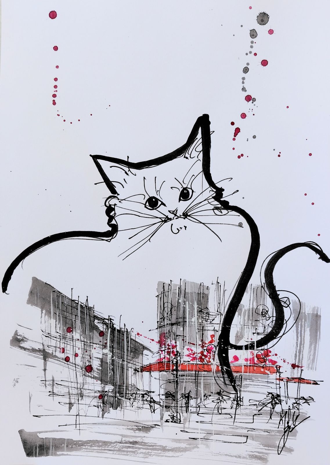 原画#205 猫 雨 パリ フランス 水彩画 ドローイング インテリア アート