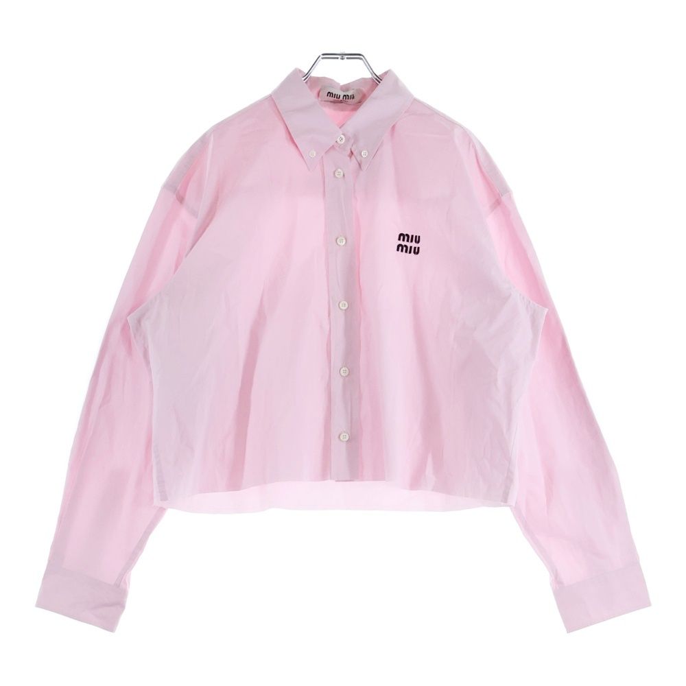 miumiu ミュウミュウ 25 SS POPLIN SHIRT ロゴ刺繍 カットオフ加工 クロップド ポプリン長袖シャツ ロングスリーブ ピンク MK 1950 レディース