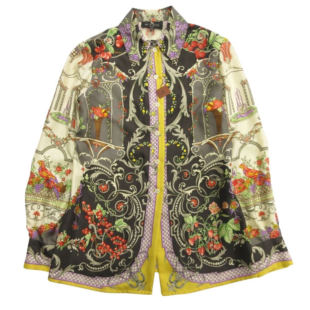 ♥ ETRO エトロ 90 s フルーツ シルク シャツ ブラウス カットソー 総柄 オールド ビンテージ ヴィンテージ 42 ベージュ×マルチ レディース 古着