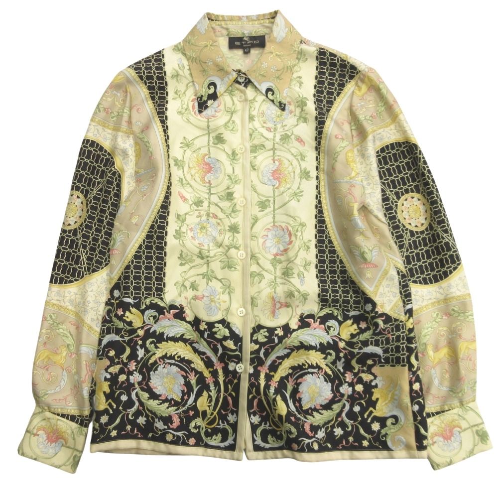 ETRO エトロ 90 s ボタニカル シルク シャツ ブラウス カットソー 総柄 オールド ビンテージ ヴィンテージ 42 ベージュ ブラック レディース 古着