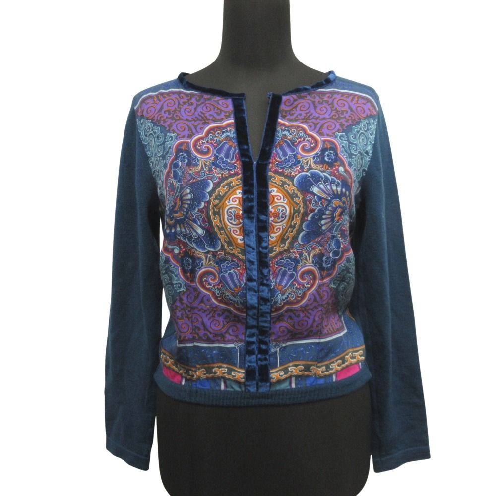 ETRO エトロ シルク ウール クロップド ニット セーター ベロア 切替 ペイズリー スリットネック 42 青 ブルー×マルチ レディース 古着