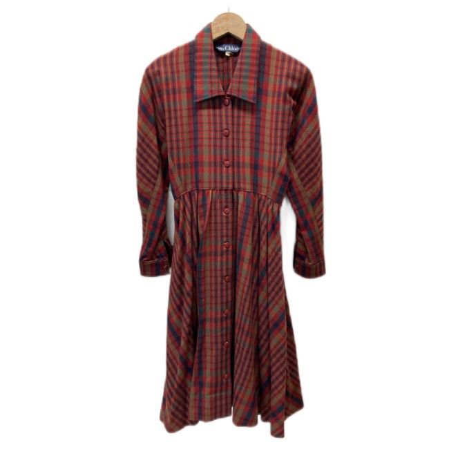 miss Chloe ワンピース 長袖 ミモレ丈 レギュラーカラー チェック ハーフボタン Aライン 日本製 古着