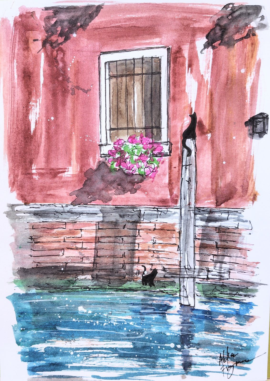 原画#206 黒猫 ベネチア イタリア 水彩画 ドローイング インテリア