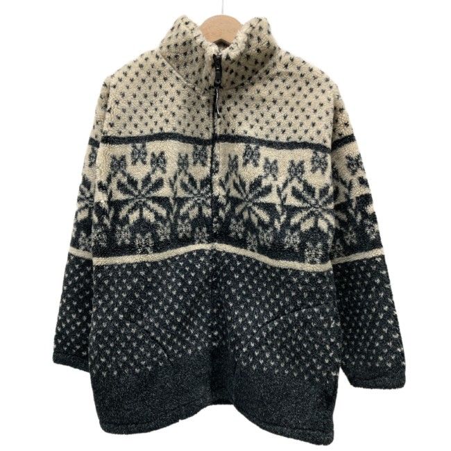 BLACK フリース 90 s 90年代 ジャケット アウター ハイネック フルジップ 総柄 ノルディック柄 サイドポケット 古着