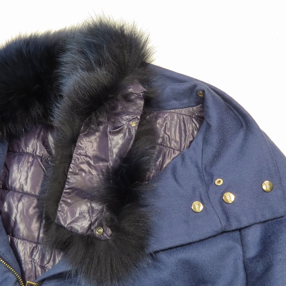 ヘルノ　ジャンパー　レディースアウター　コート　イタリア製　ネイビー　42 美品 Herno ヘルノ カシミヤ100％ スタンドカラーコート ロング