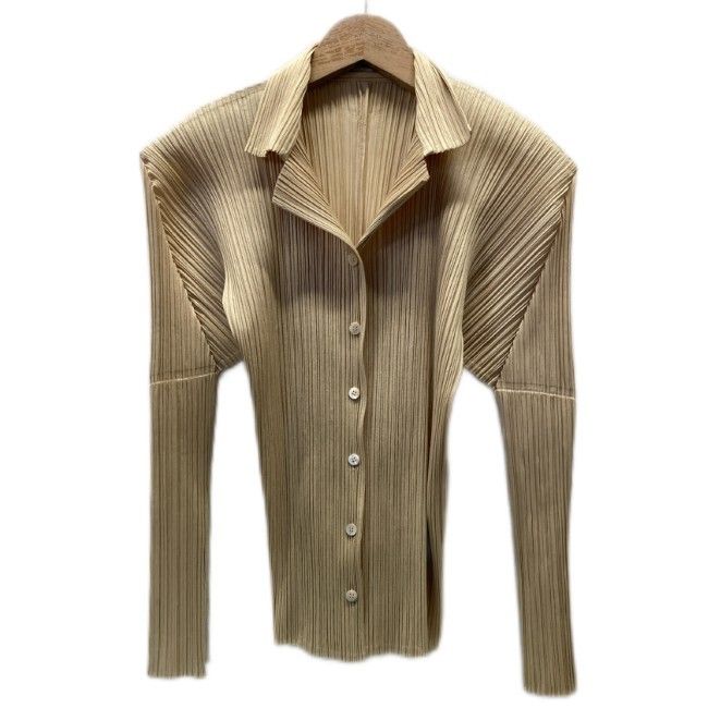 PLEATS PLEASE プリーツブラウス 長袖 シャツ トップス オープンカラー プリーツ ストレッチ 無地 日本製 ドメスティック 古着