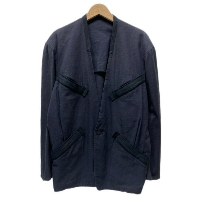 ISSEY MIYAKE ノーカラージャケット アウター 無地 シングルボタン フロントポケット 肩パット 日本製 ドメスティック 古着