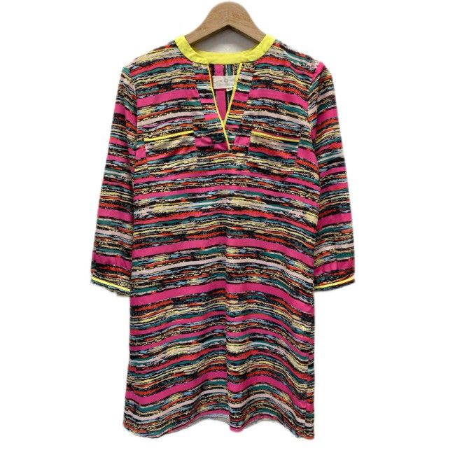 MARUNI チュニック 七分袖 カットソー トップス Vネック ノーカラー 胸ポケット 総柄 マルチボーダー 古着