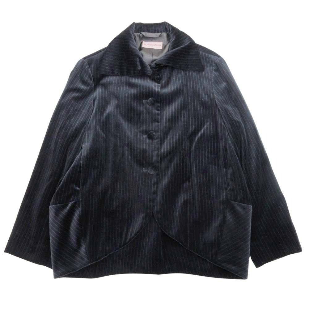 ROMEO GIGLI ロメオジリ ベロア ステンカラー ジャケット ブルゾン シングル ピンストライプ 9 AT 黒 ブラック レディース 古着