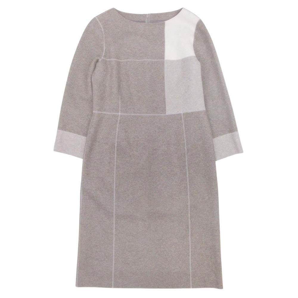 LEILIAN レリアン カシミヤ混 パッチ ワンピース 七分袖 膝丈 ハーフ メルトン ウール 7 茶 ブラウン アイボリー レディース 古着