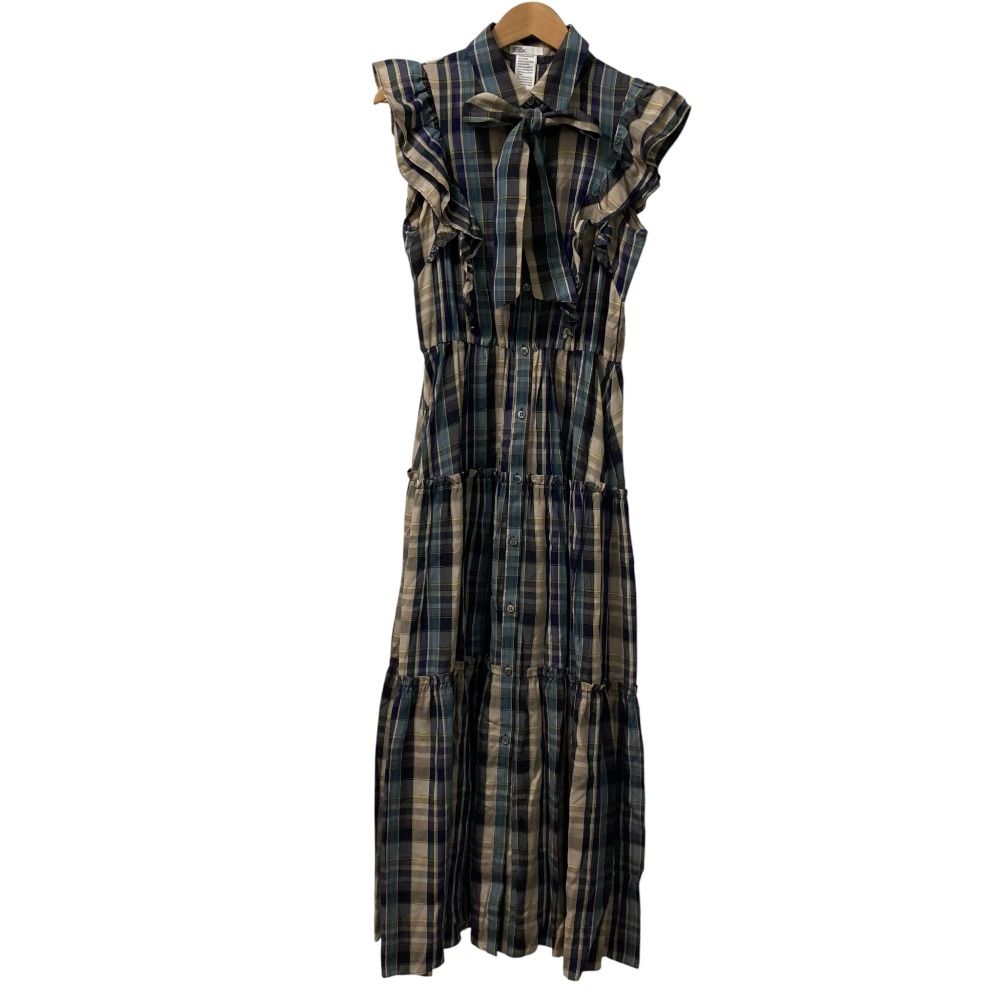 DOUBLE ダブルスタンダードクロージング チェック柄 フリルティアード ロングワンピース サイズ38 ベージュ レディース 古着