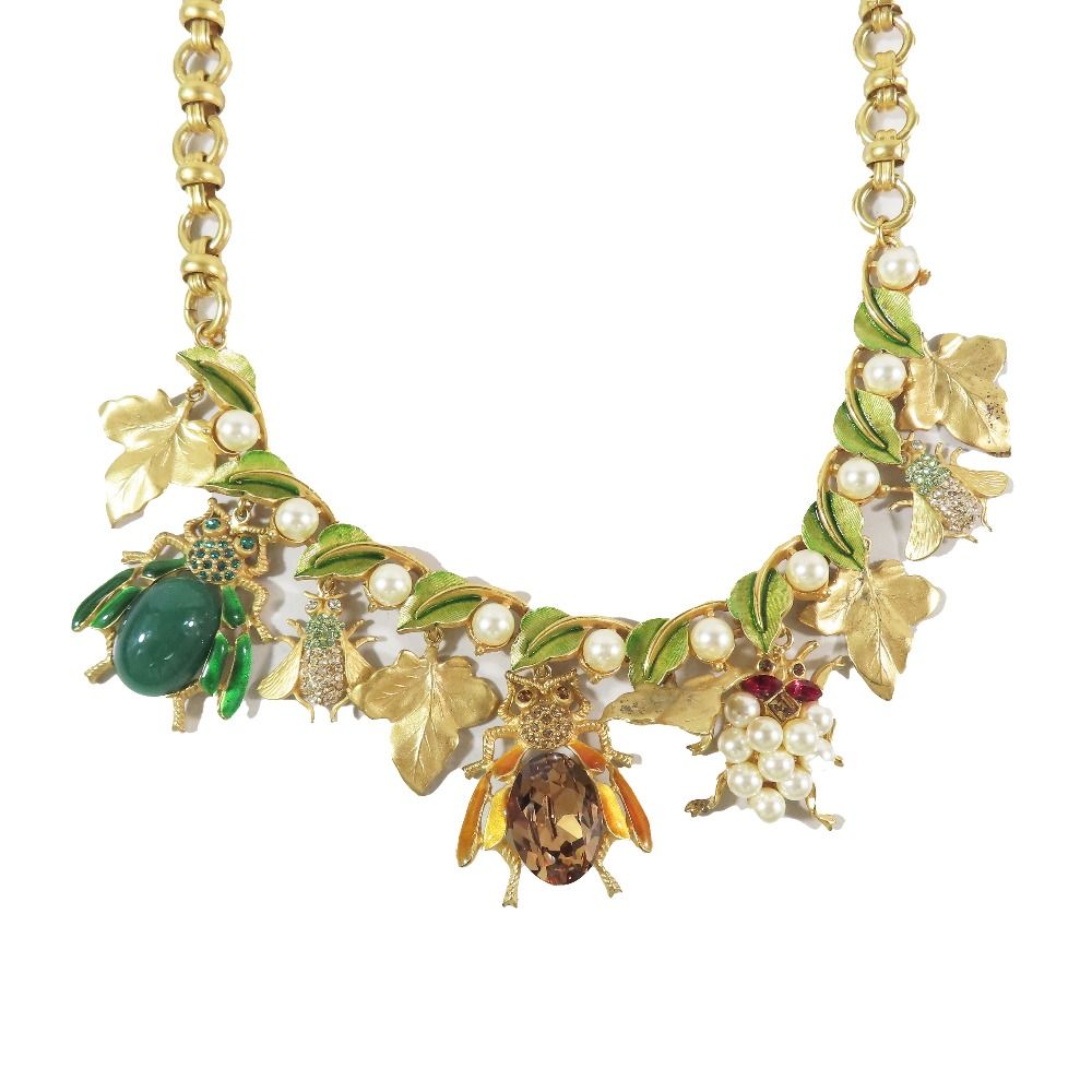 DOLCE-GABBANA ドルチェアンドガッバーナ 昆虫 リーフ 葉 モチーフ ネックレス パール ビジュー チェーン ゴールド レディース 古着