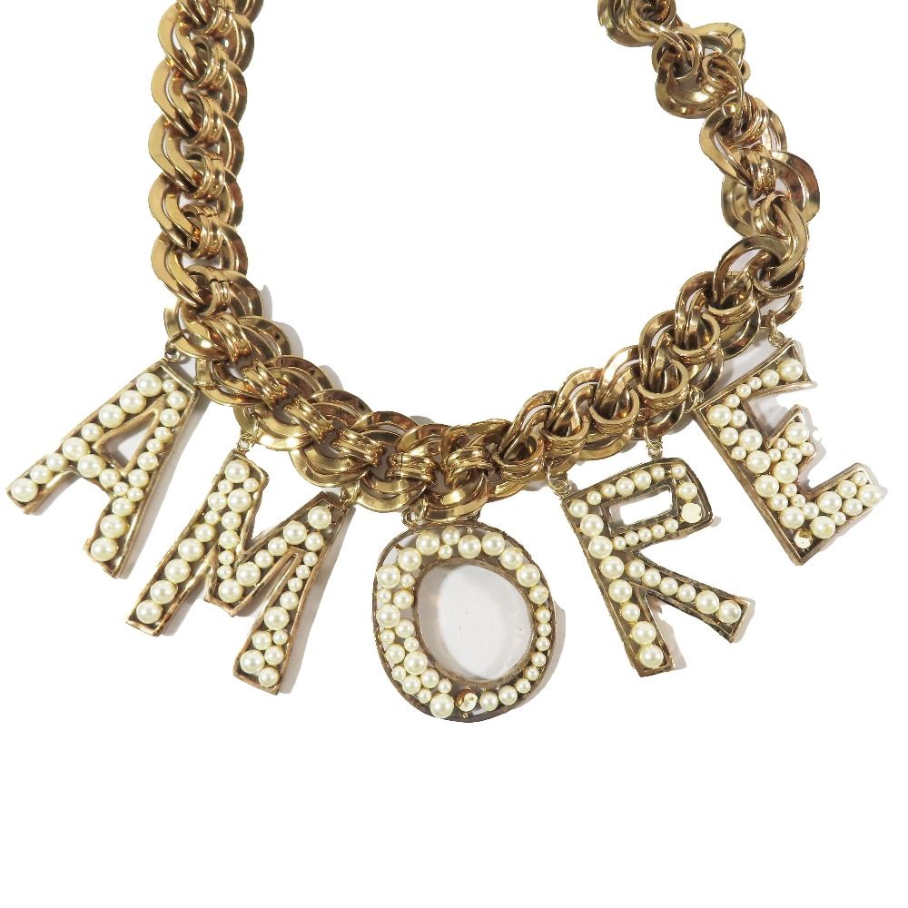 DOLCE-GABBANA ドルチェアンドガッバーナ AMOREロゴ パール装飾 ネックレス アクセサリー ゴールド レディース 古着