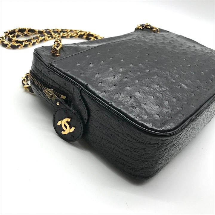 美品 CHANEL シャネル ココマーク オーストリッチ レザー ヴィンテージ チェーン ショルダー バッグ ブラック 鞄 かばん a11423 美品 CHANEL シャネル ココマーク オーストリッチ レザー ヴィンテージ