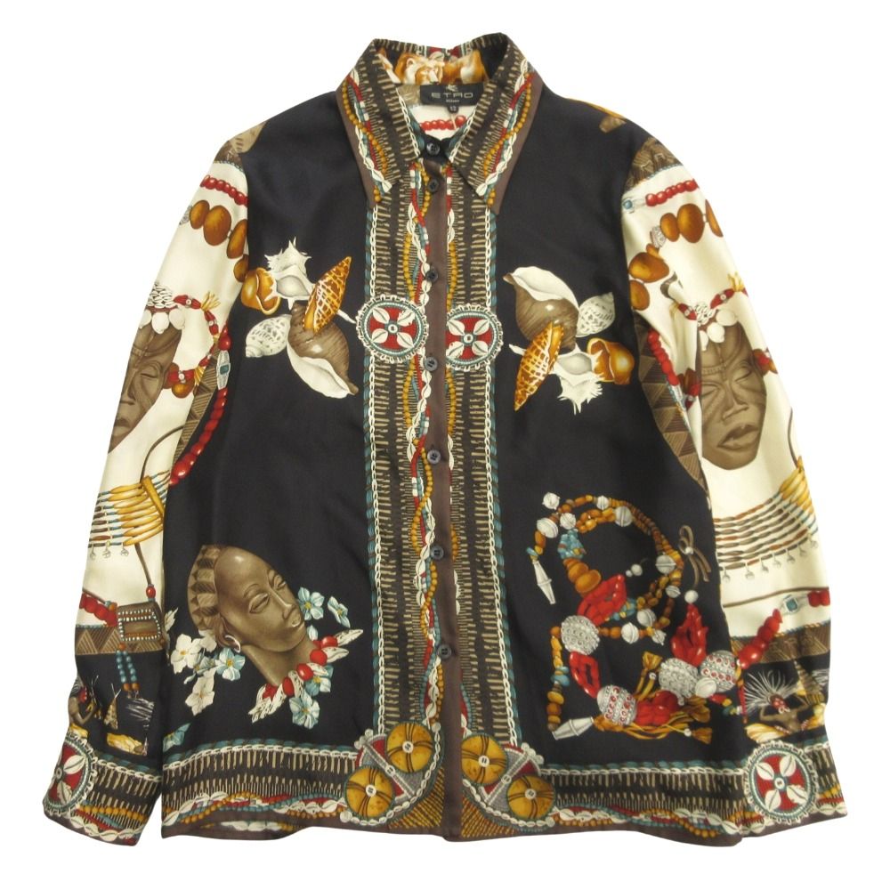♥ ETRO エトロ 90 s アフリカモチーフ シルク シャツ ブラウス カットソー オールド ビンテージ ヴィンテージ 42 ブラウン レディース 古着