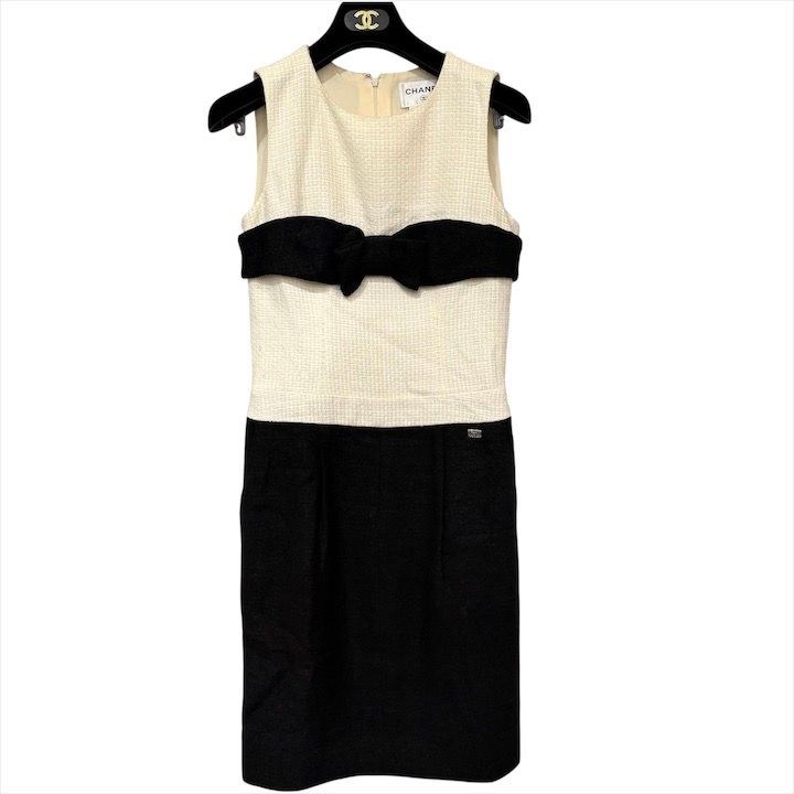 CHANEL シャネル リボン マトラッセ ココマーク チェーン バッグチャーム付き ツイード ワンピース レディース 09 P 36 h 783
