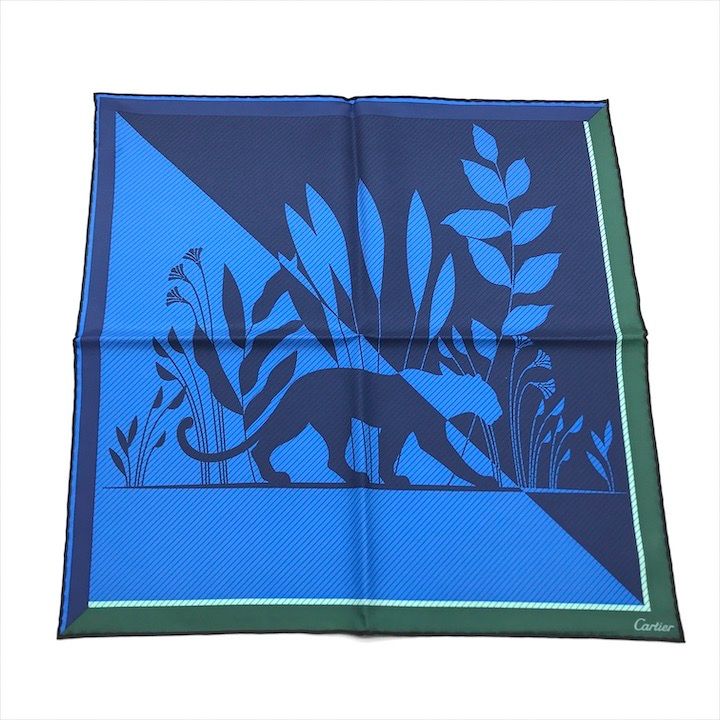 ♥ 保管品 Cartier カルティエ カルチェ パンテール シルク100％ スカーフ プレゼント ファッション小物 服飾雑貨 ブルー k 7232
