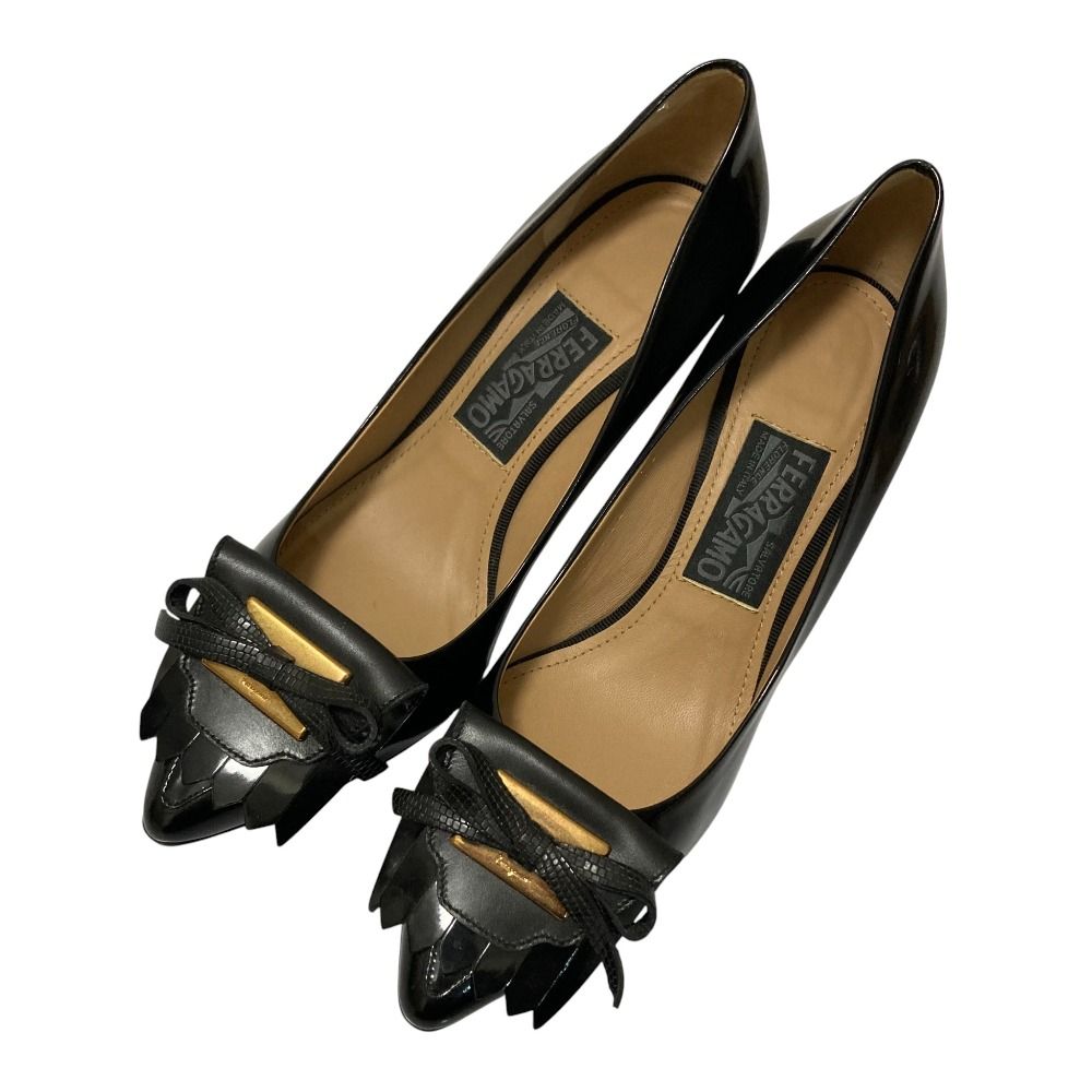 Salvatore Ferragamo サルヴァトーレフェラガモ リボンキルトパンプス サイズ7 C 約24 cm ブラック レディース 古着