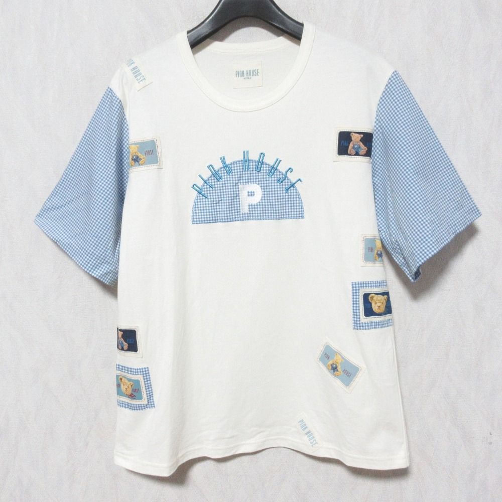 美品 PINK HOUSE ピンクハウス WORLD ギンガムチェックスリーブ パッチワーク Tシャツ カットソー A2191UTS426 オフホワイト ブルー レディース 古着 中古 USED