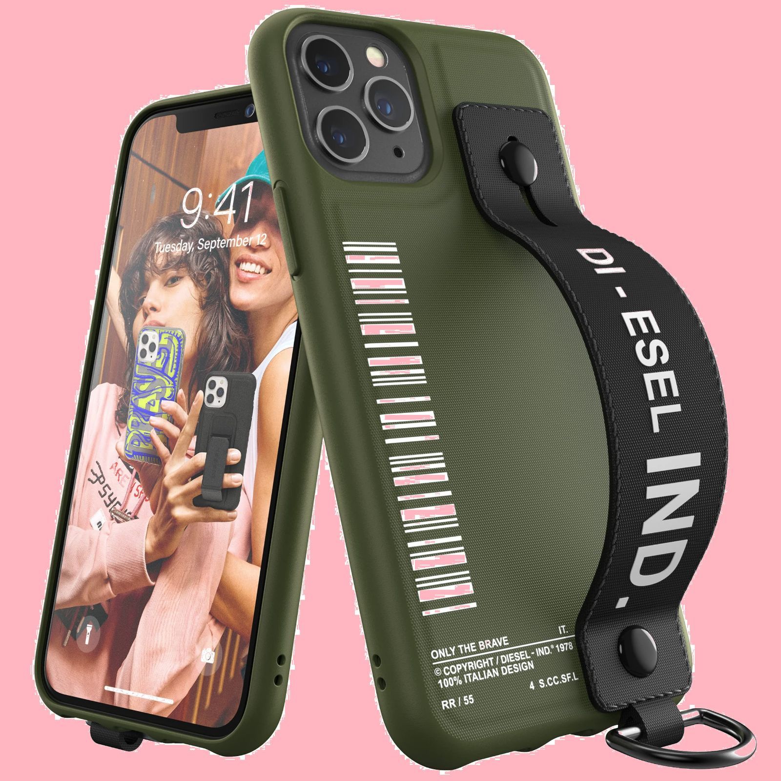 ケース 5.4インチ スマホスタンド mini レザー カードケース付きハンドストラップセット 13 FW 21 ディーゼル iPhone DIESEL ブラック