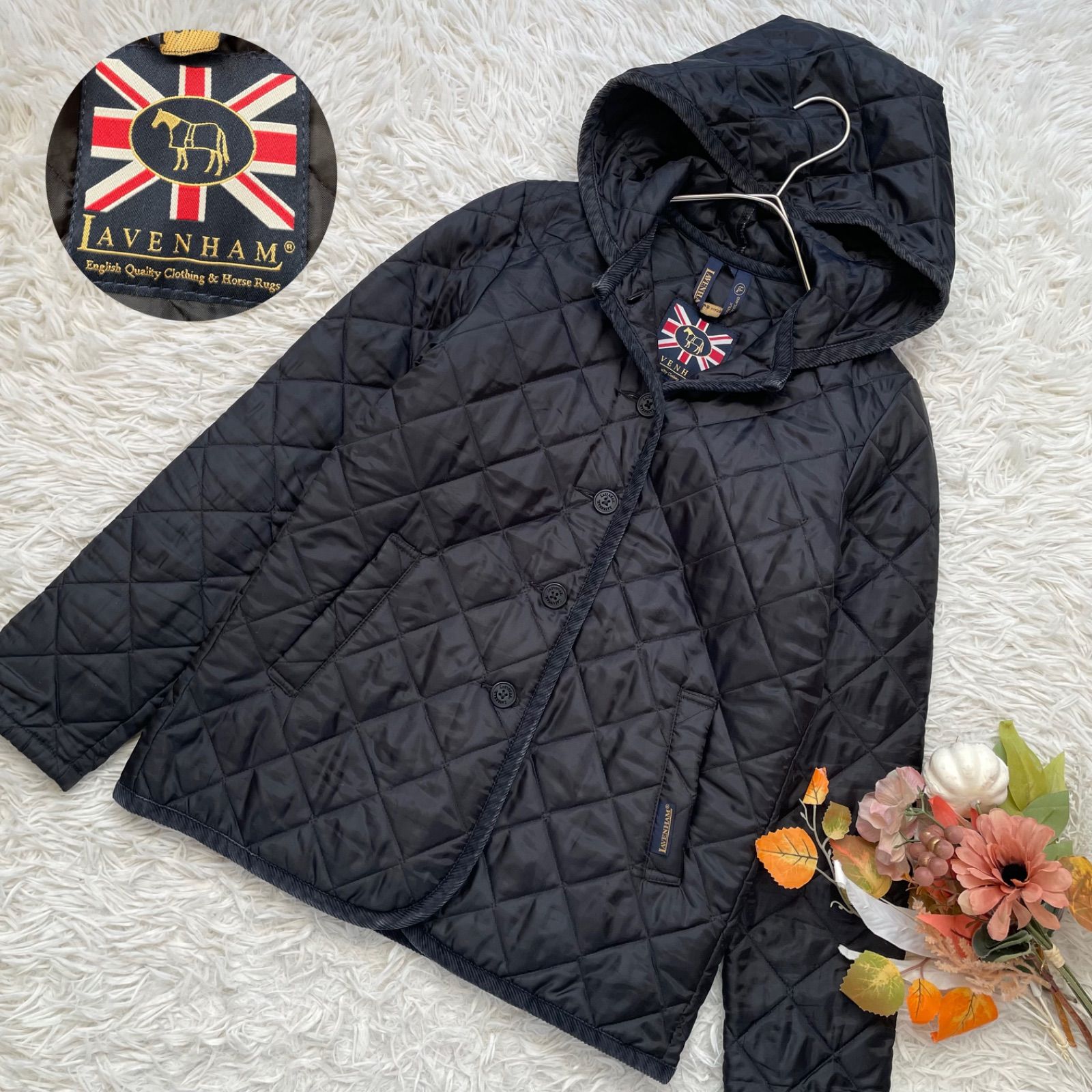 ラベンハム フレームワークス別注 クレイドン キルティングジャケット 36 黒 ブラック フード パイピング