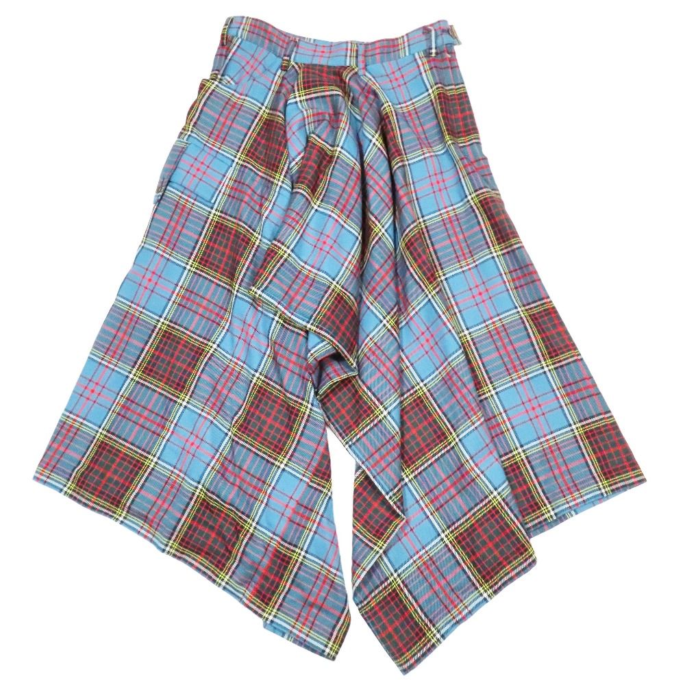 06 AW Y s ワイズ YOHJI ヨウジヤマモト チェック柄 変形 サルエル ワイド パンツ ウール 1 ブルー レディース 古着