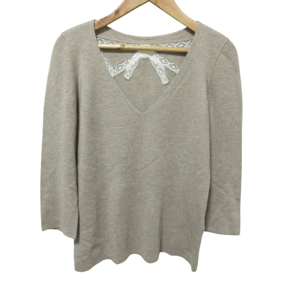 FOXEY フォクシー カシミヤシルク Vネック バックレースリボンデザイン ニット セーター 38 グレージュ レディース 古着