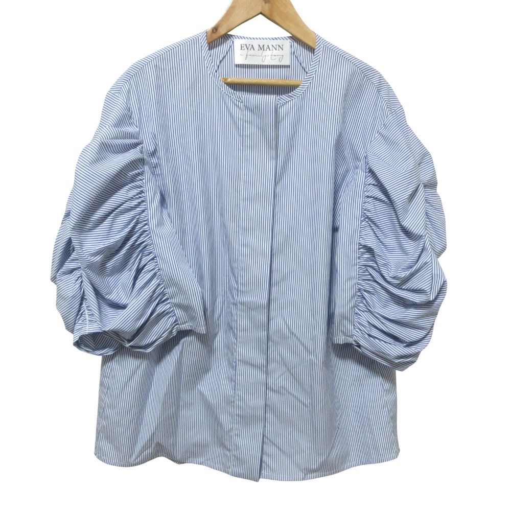 EVA MANN エヴァマン eclat 別注 袖シャーリングブラウス サイズ36 ブルー ホワイト レディース 古着