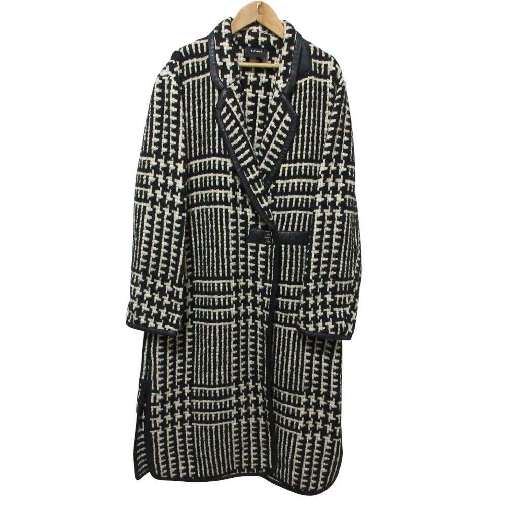 AKRIS アクリス レザーパイピング ツイードニットコート サイズUS 8 ブラック ホワイト レディース 古着
