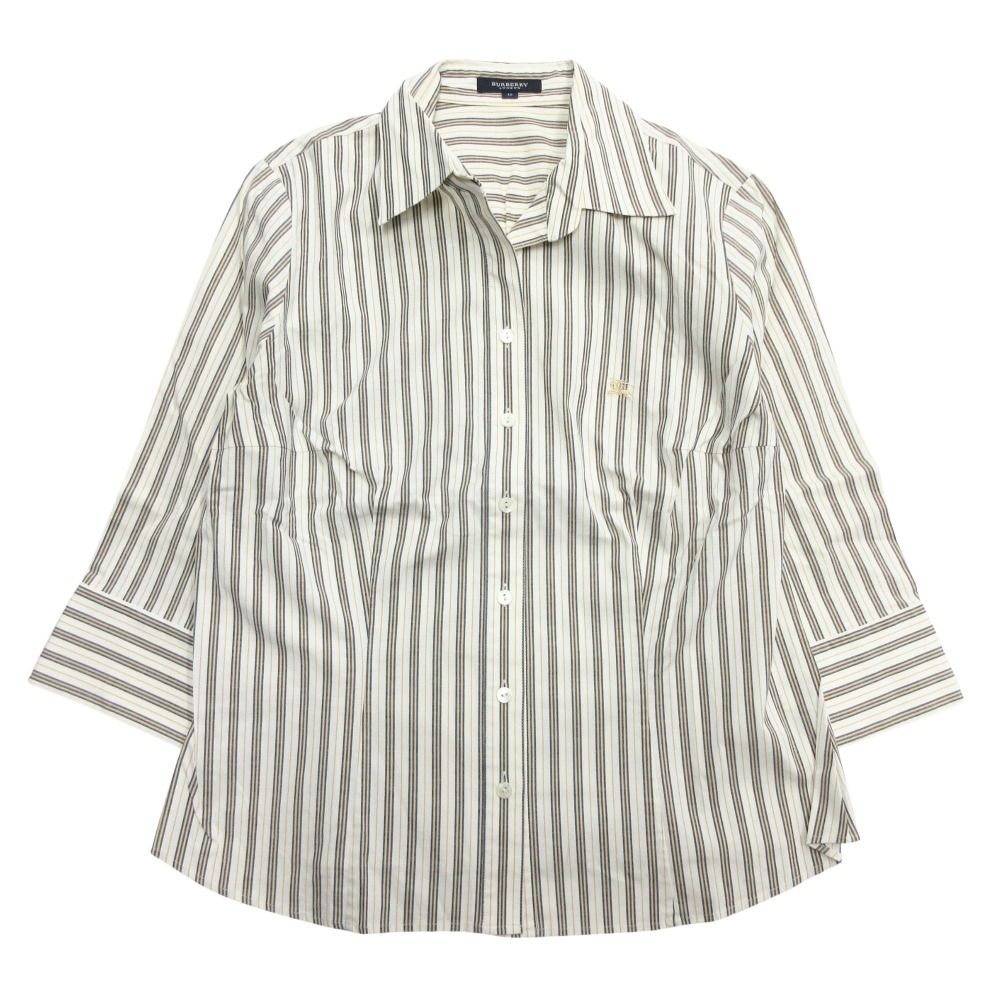 LONDON バーバリー ロンドン ストライプ スキッパー シャツ ブラウス ロゴ 刺繍 七分袖 15号 大きいサイズ レディース 古着