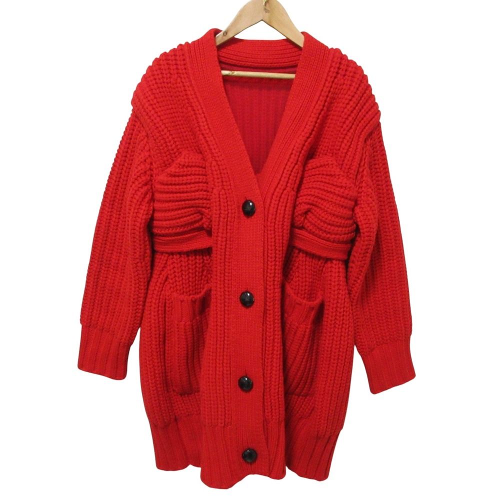 22 AW sacai サカイ エルボーパッチ ニット ロングカーディガン サイズ1 レッド レディース 古着