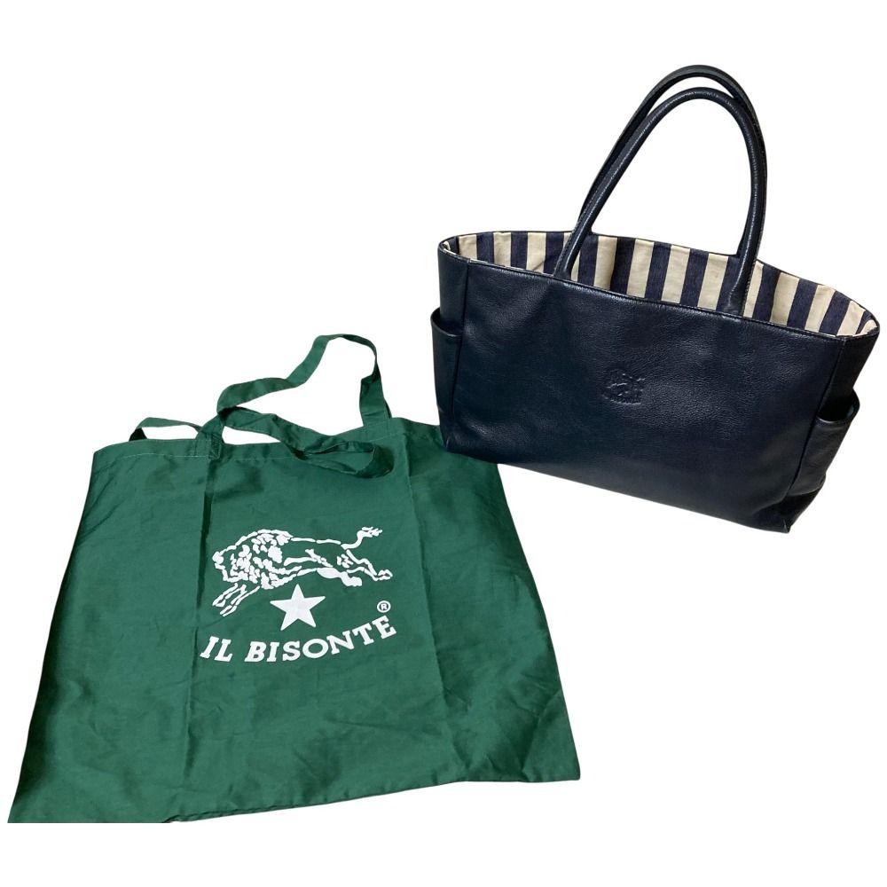 極美品✨IL BISONTE イルビゾンテ　レザー　トートバッグ　ネイビー 良品 IL BISONTE イルビゾンテ レザー スクエアトートバッグ ネイビー