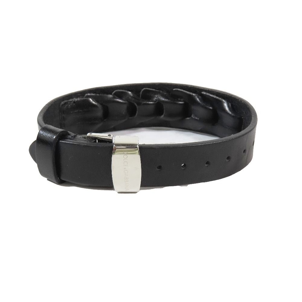 DOLCE-GABBANA ドルチェアンドガッバーナ レザー ブレスレット バングル アクセサリー ロゴ メタルプレート ブラック シルバー メンズ レディース 古着