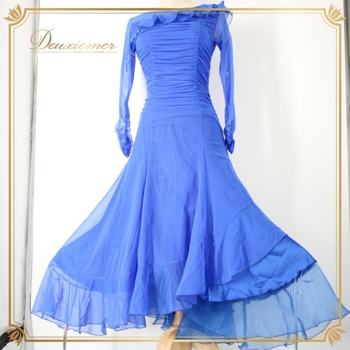 社交ダンス 衣装 スタンダード ドレス ワンピース パーティドレス 青 ブルー系 無地 レース フリル シンプル 長袖 上品 アシメ アシンメトリー スタイル 美しい ラグジュアリー おしゃれ エレガント 贅沢 きれい 高品質 レディス ドレスアップ