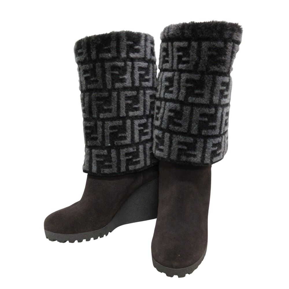美品 FENDI フェンディ ズッカ柄 ウエッジソール ロングブーツ