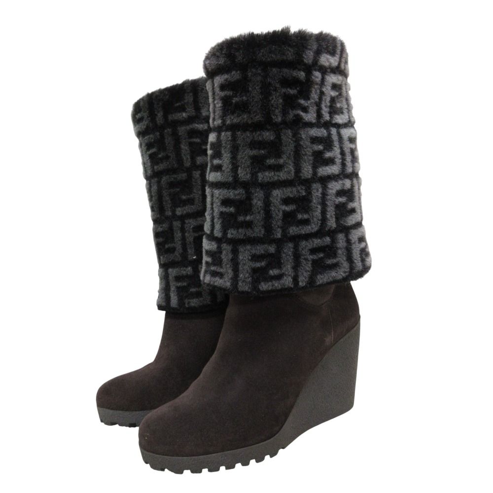 美品 FENDI フェンディ ズッカ柄 ウエッジソール ロングブーツ